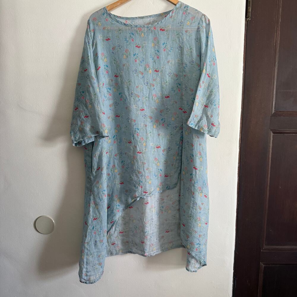 Magnolia.z Light Blue Floral Linen Asymmetrical Lagenlook Tunic | One Size